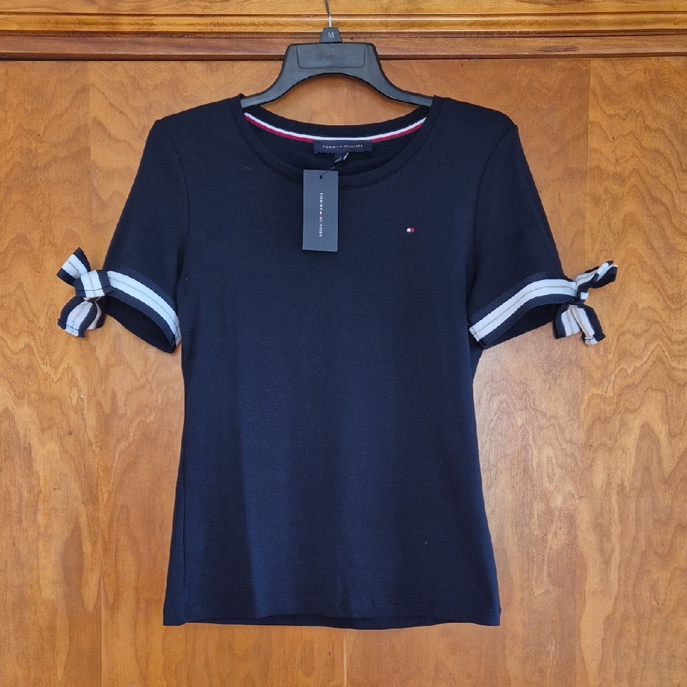 Tommy Hilfiger Women's 100% Cotton Navy Tee with Striped Bow Sleeves, size M - Picture 4 of 16